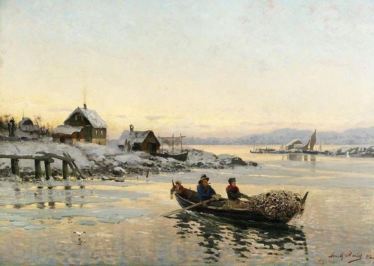 Frithjof Smith Hald Til lands med fangsten Norge oil painting art